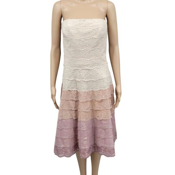 Carmen Marc Valvo Strapless Lace Dress in Cream Pink Mauve Ombre Midi Length - Picture 2 of 15